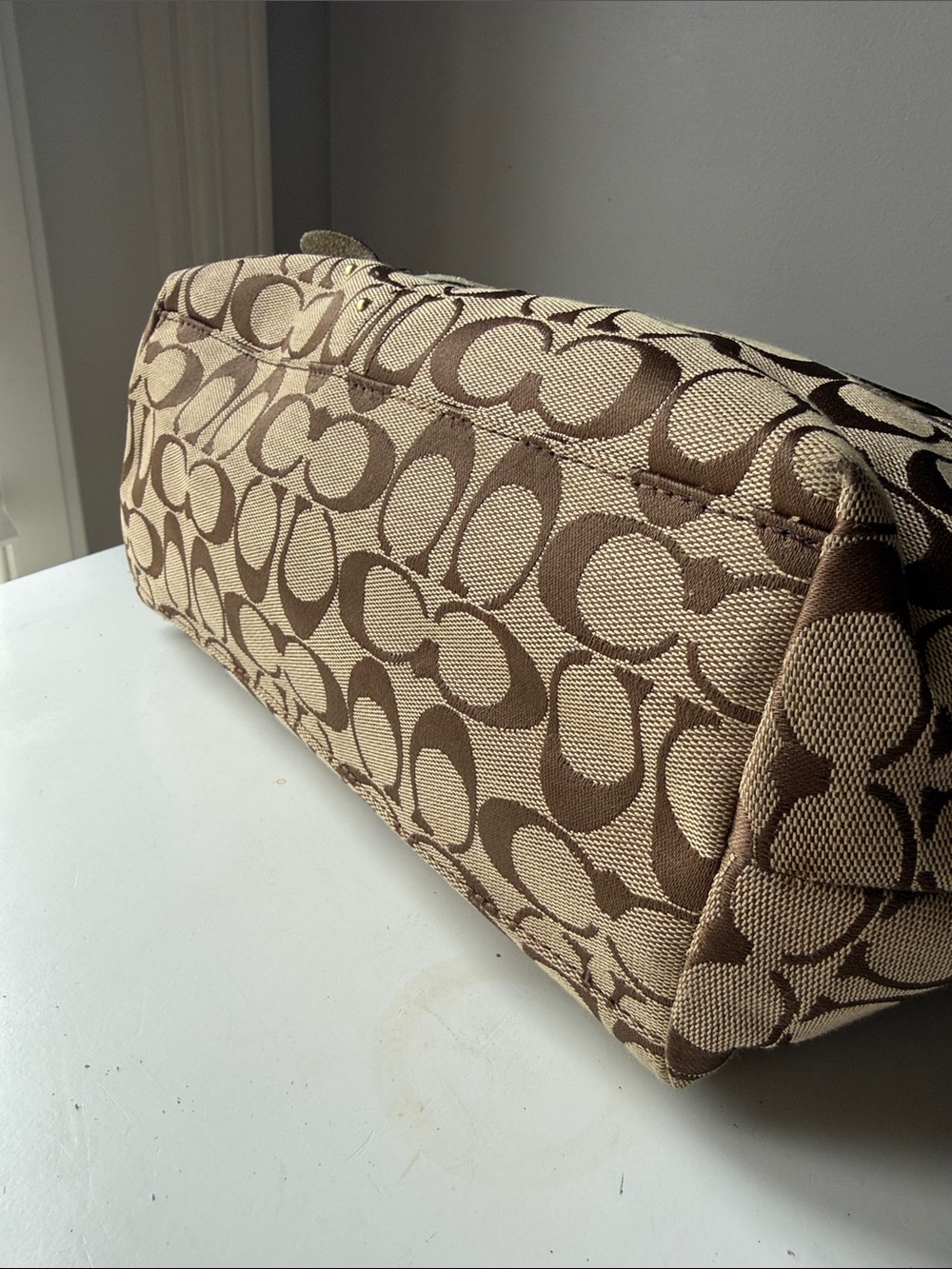 Coach Bleecker Tan Canvas Signature Tote with Floral Appliqués and Gold Handles - Picture 6 of 15